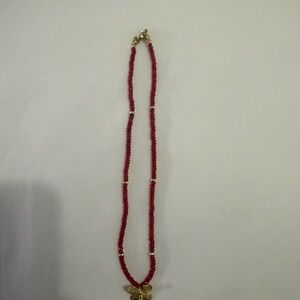 Elegant Red Beaded Necklace with Gold Butterfly Charm